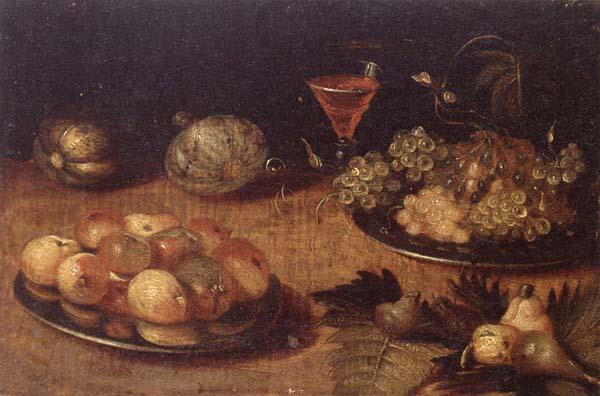 unknow artist Still life of Grapes and apples on pewter plates,figs,melons and a wine glass